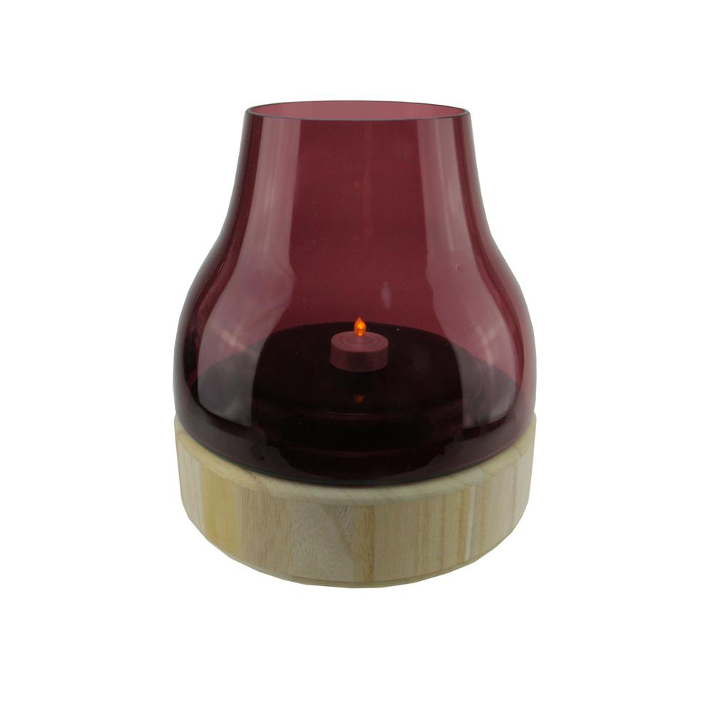 9.75" Merlot Colored Glass Pillar Candle Holder with Wooden Base. Picture 1