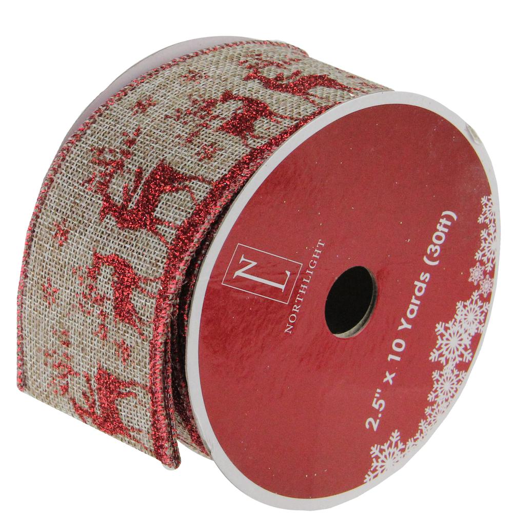 12" Red and Brown Burlap Reindeer Wired Christmas Craft Ribbon Spools - 2.5" x 12 Yards. Picture 1
