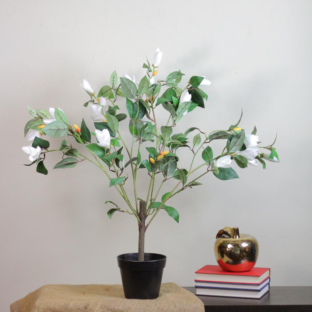 32.5" White and Black Potted Artificial Lily Magnolia Flowering Tree. Picture 2