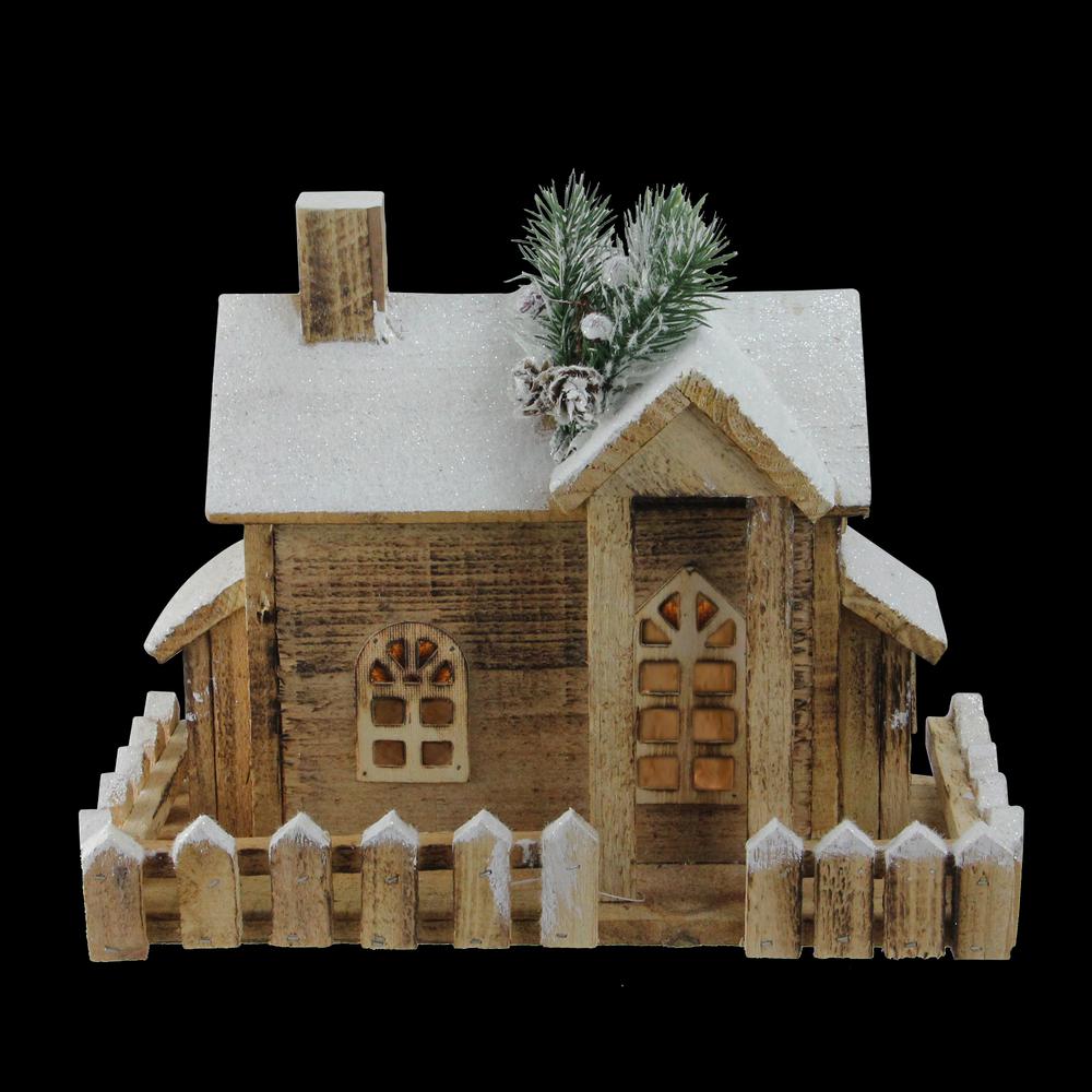 12" LED Lighted Snowy Rustic Cabin Christmas Decoration. Picture 3