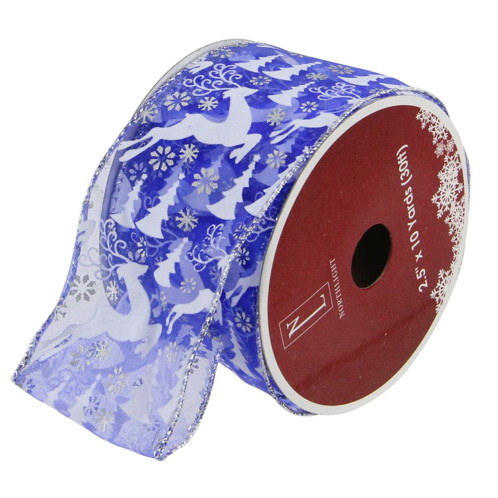 Blue Winter Wonderland Flying Reindeer Wired Christmas Craft Ribbon 2.5" x 120 Yards. Picture 1