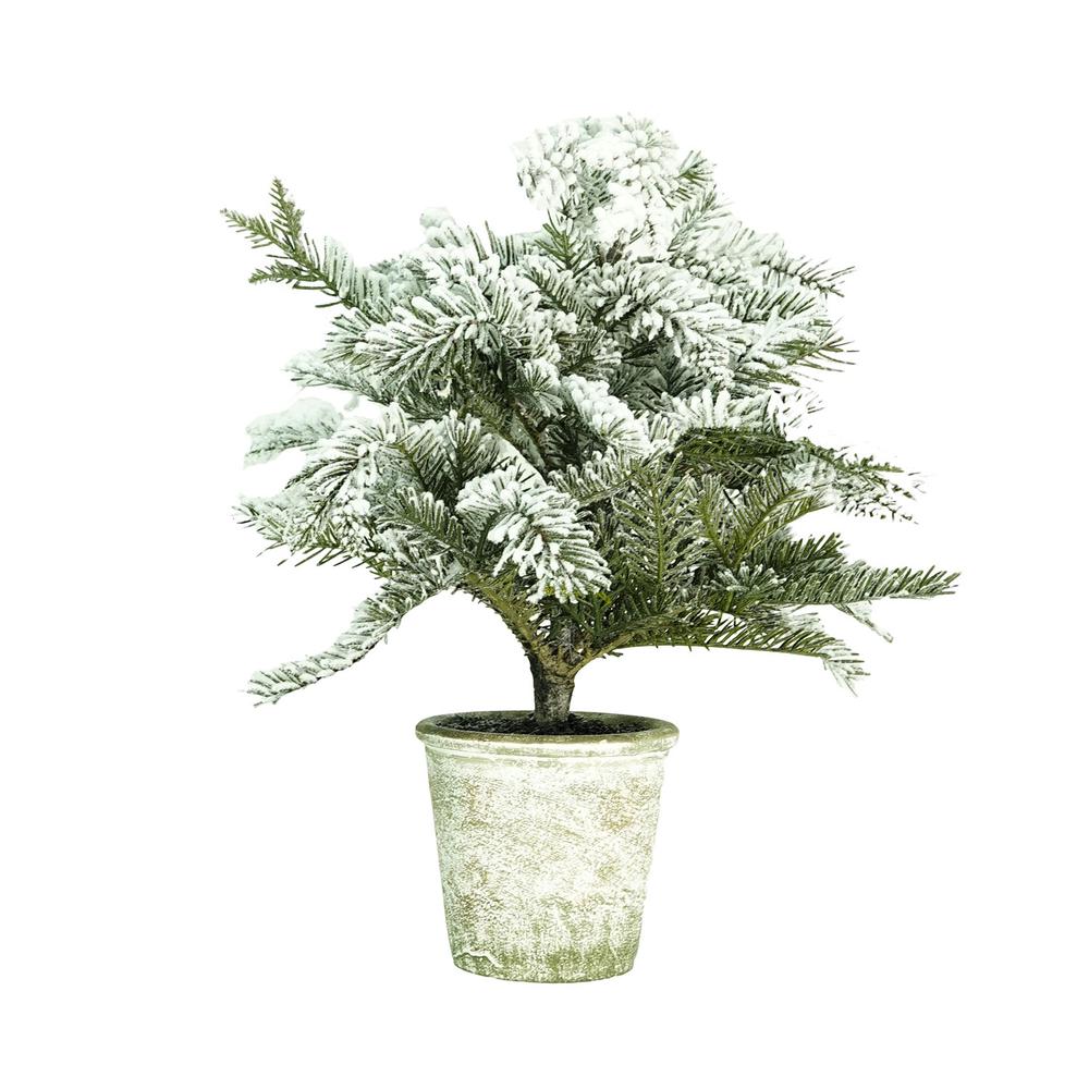 20" Flocked White and Green Artificial Pine Tree with a Pot. Picture 1