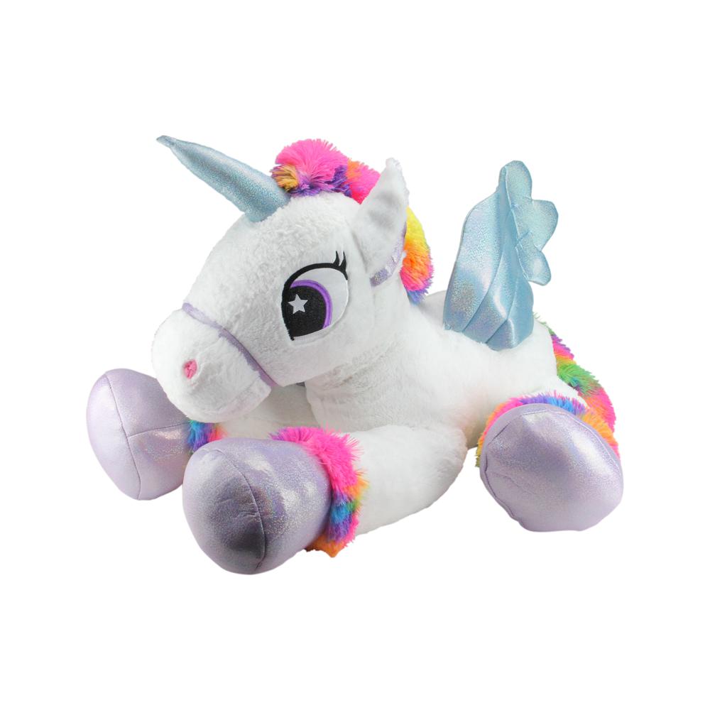 42" Super Soft and Plush White Sitting Winged Unicorn  with Rainbow Mane Stuffed Figure. Picture 1