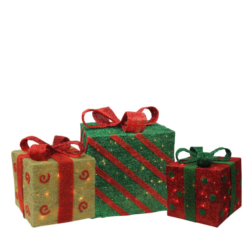 Set of 3 Lighted Green and Red Gift Boxes Christmas Outdoor Decorations 16". Picture 1