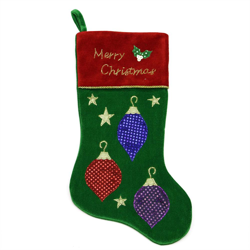 20" Green and Red Embroidered Ornament Christmas Stocking with Cuff. Picture 1