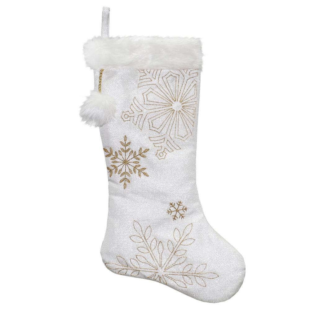 20" White with Gold Snowflakes Christmas Stocking with Cuff. Picture 1