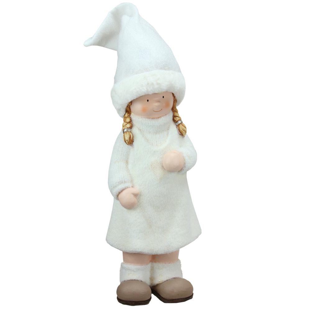 19" White and Beige Winter Girl with Tall Hat Christmas Table Top Figure. Picture 1