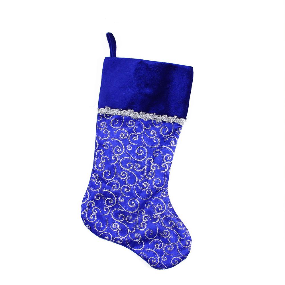 20.5" Royal Blue and Silver Swirl Christmas Stocking with Velveteen Cuff. Picture 1