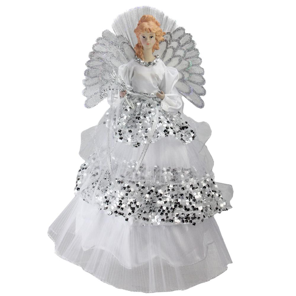 16" White and Silver Lighted Fiber Optic Angel Sequined Gown Christmas Tree Topper. Picture 1