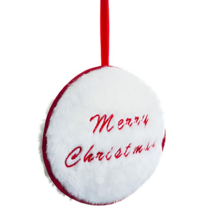 7.5" Red and White "Merry Christmas" Faux Fur Decorative Christmas Disc Ornament. Picture 2