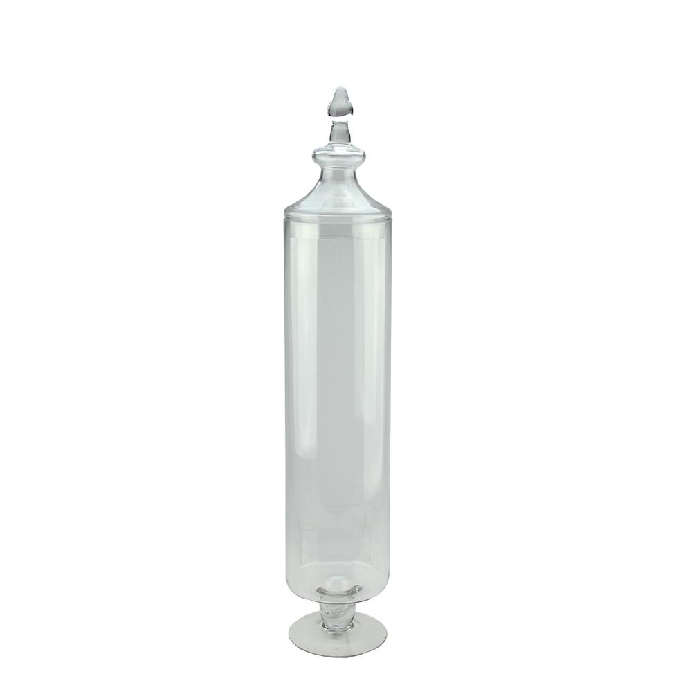 29" Clear Transparent Glass Cylindrical Jar with Finial Topped Lid. Picture 1