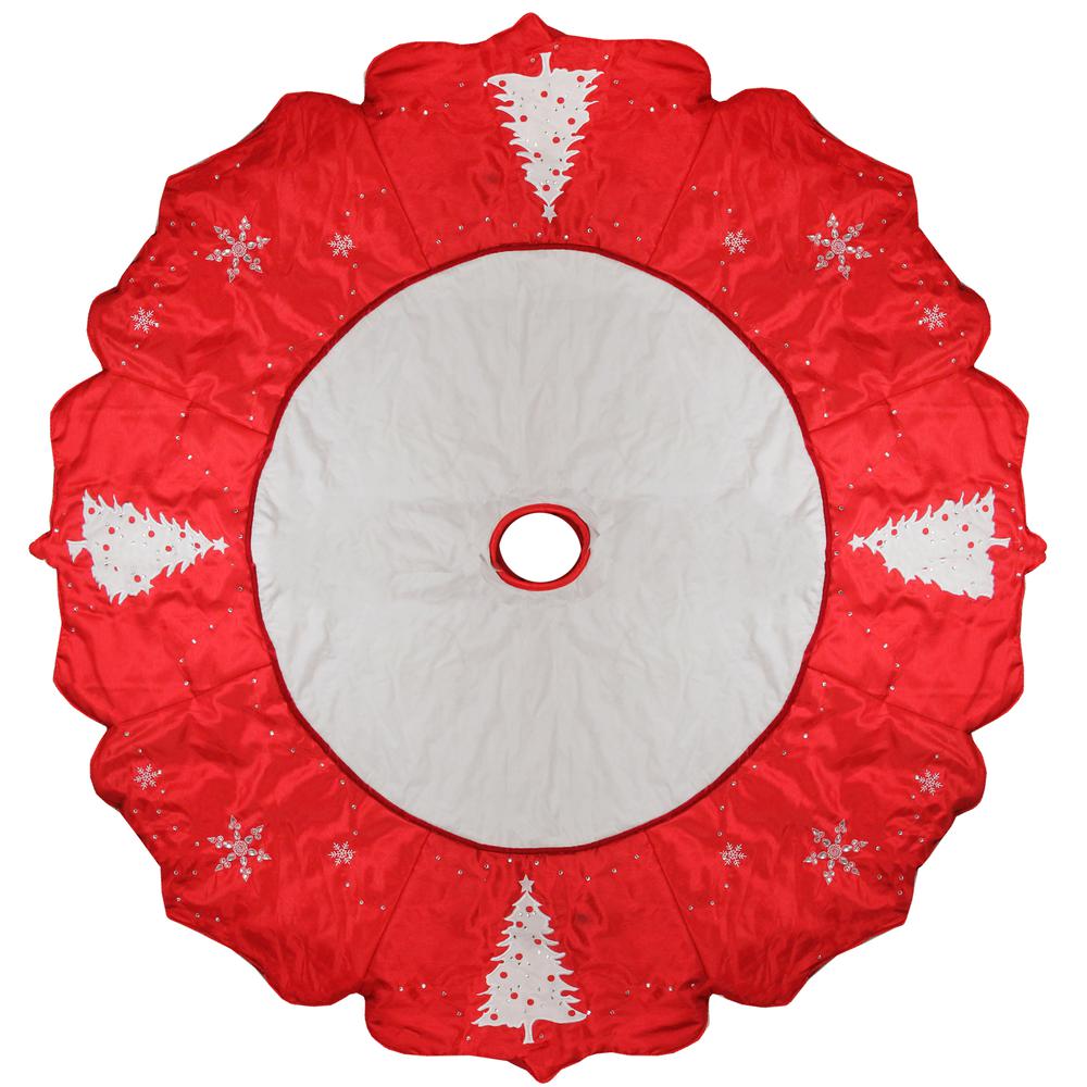 54" Red and White Embroidered Jeweled Tree with Snowflake Christmas Tree Skirt. Picture 1