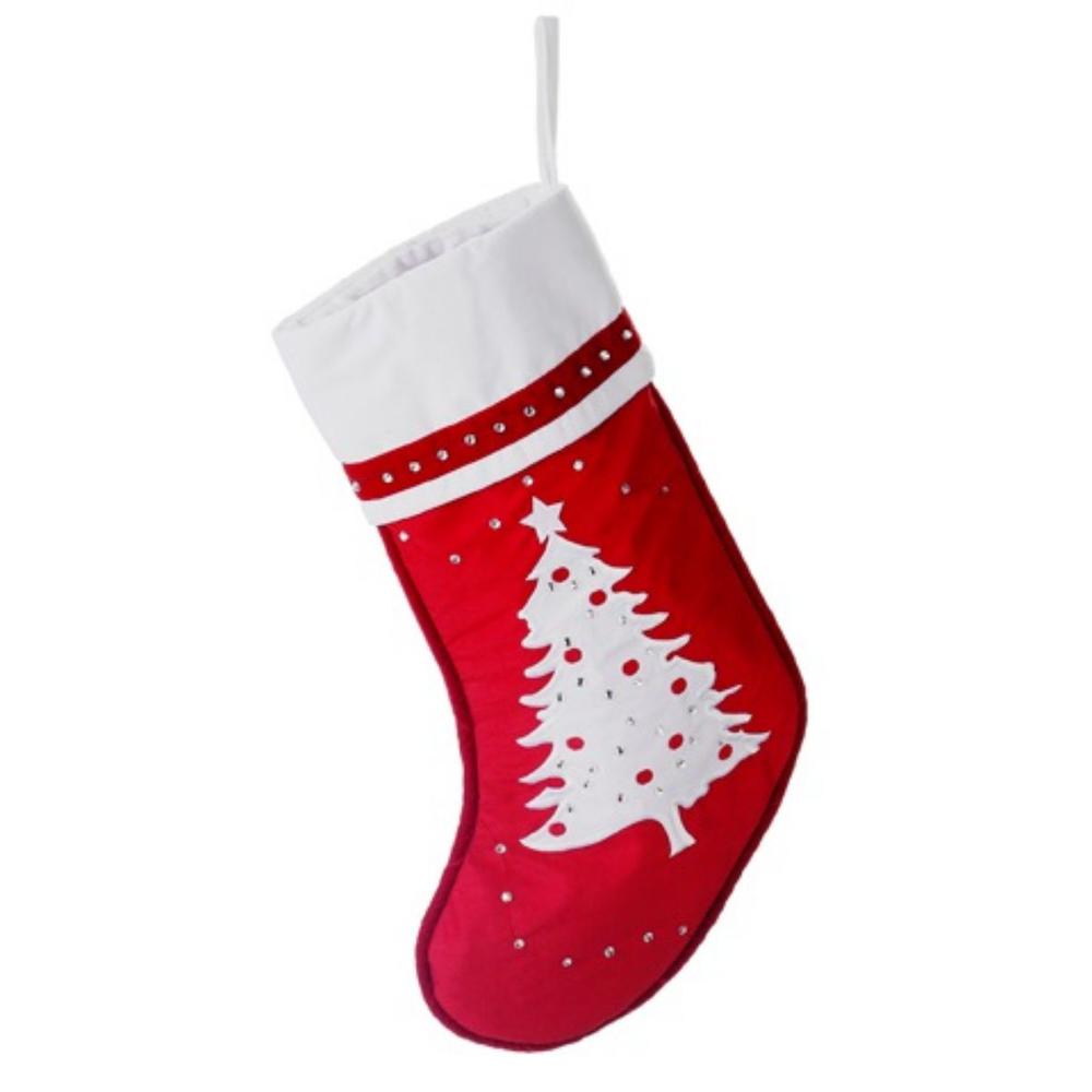 22" Red and White Embroidered Tree with Rhinestones Christmas Stocking. Picture 2