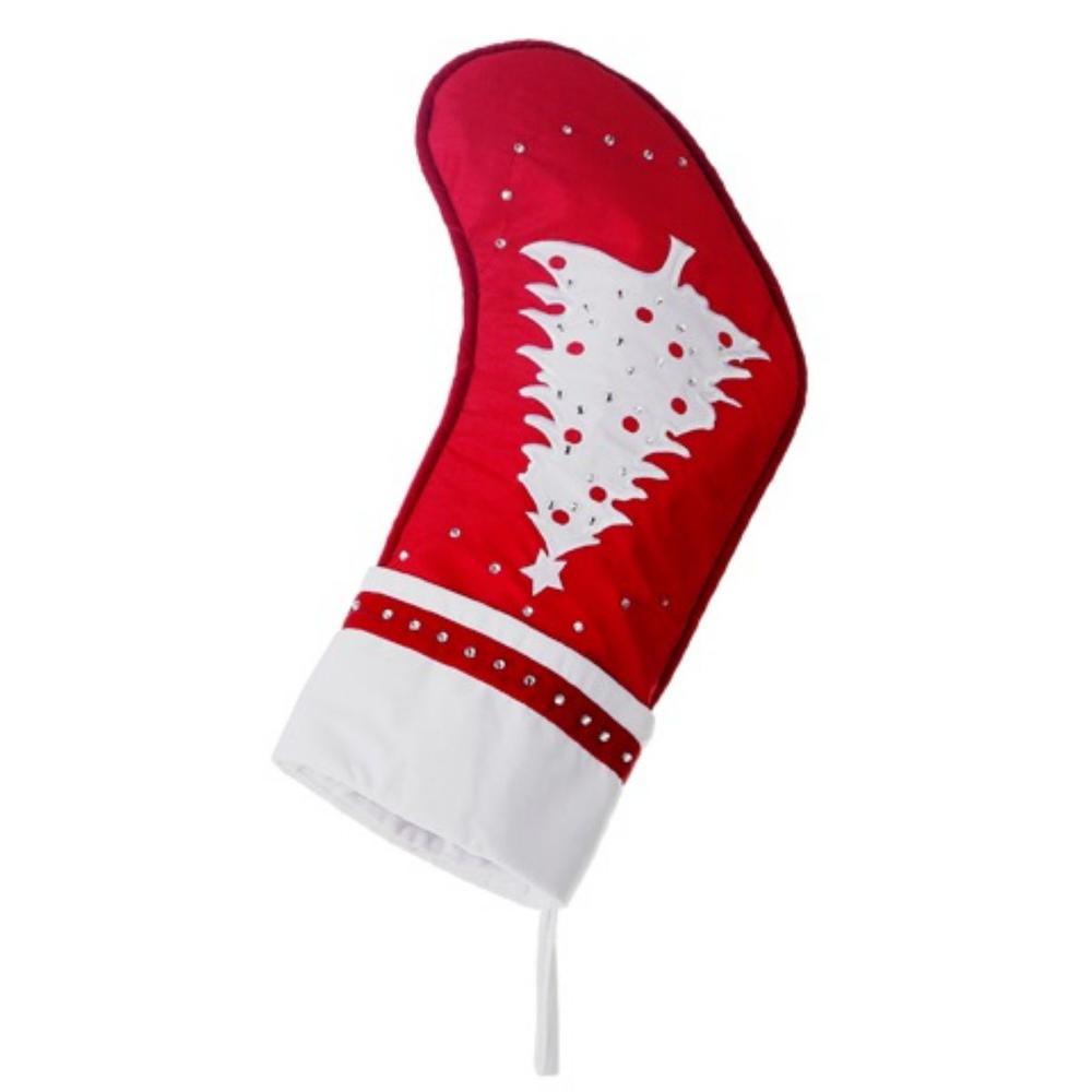 22" Red and White Embroidered Tree with Rhinestones Christmas Stocking. Picture 3