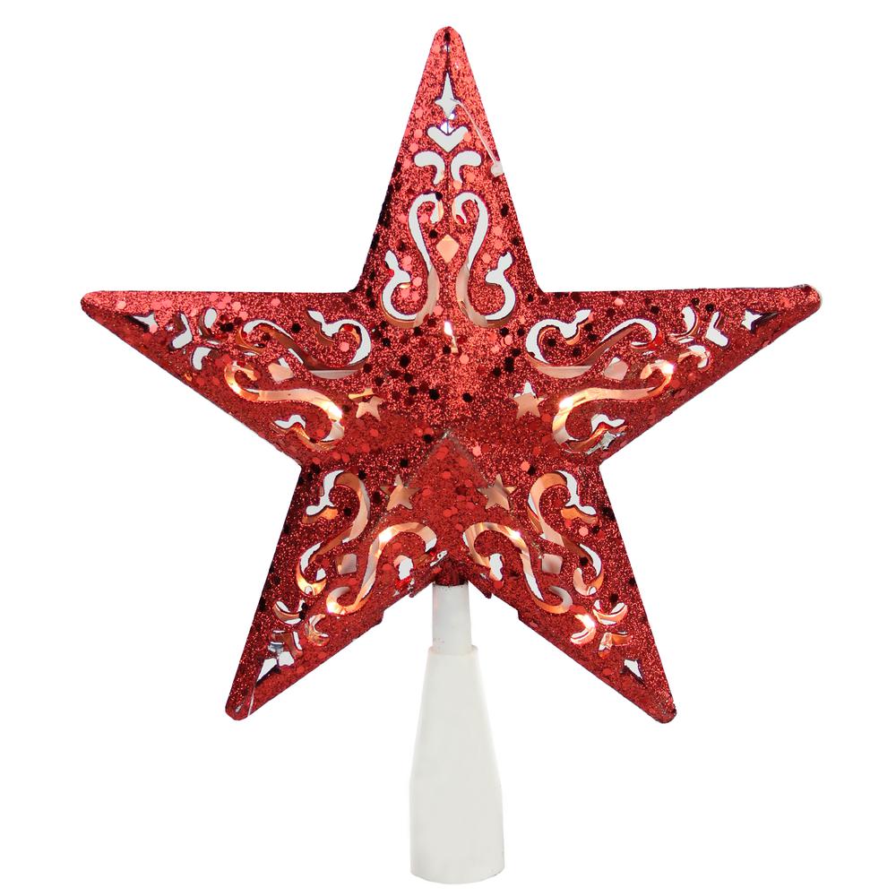 8.5" Red Glitter 5 Point Star Cut-Out Christmas Tree Topper - Clear Lights. Picture 1