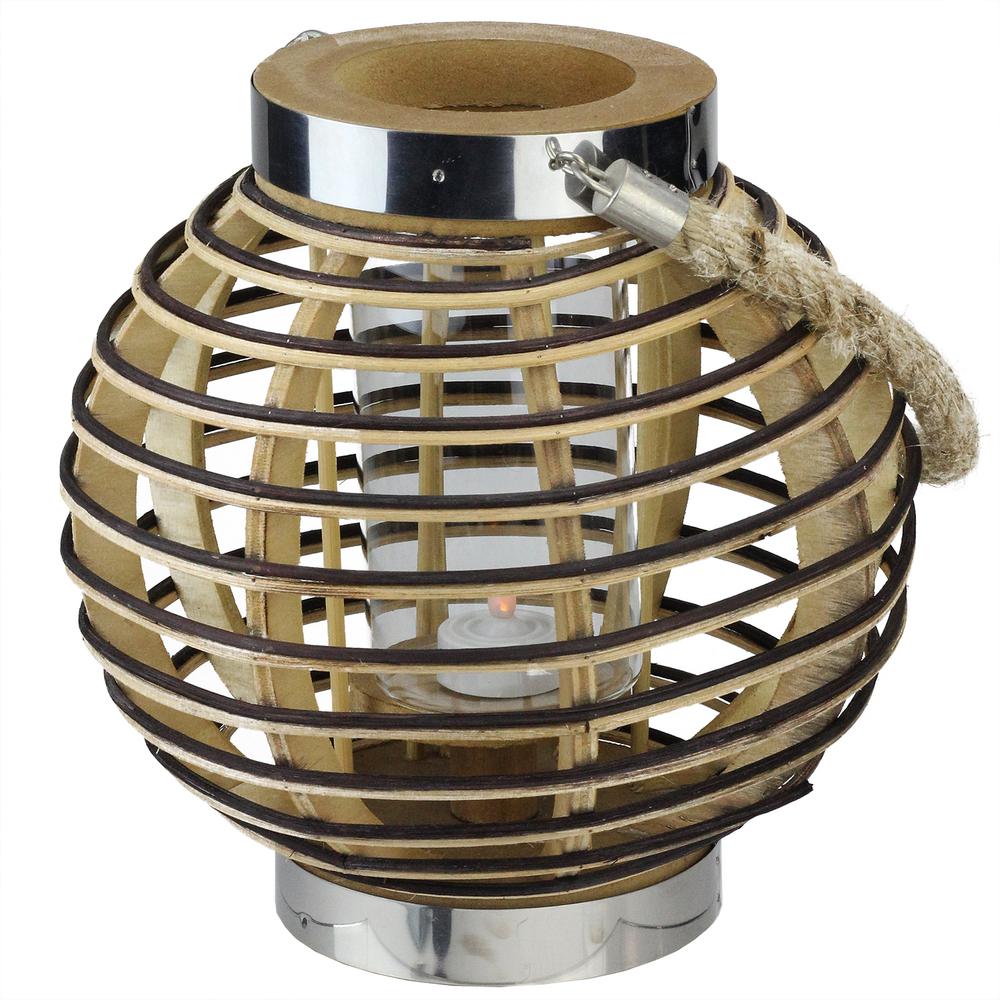 9.5" Rustic Chic Round Rattan Decorative Candle Holder Lantern with Jute Handle. Picture 1
