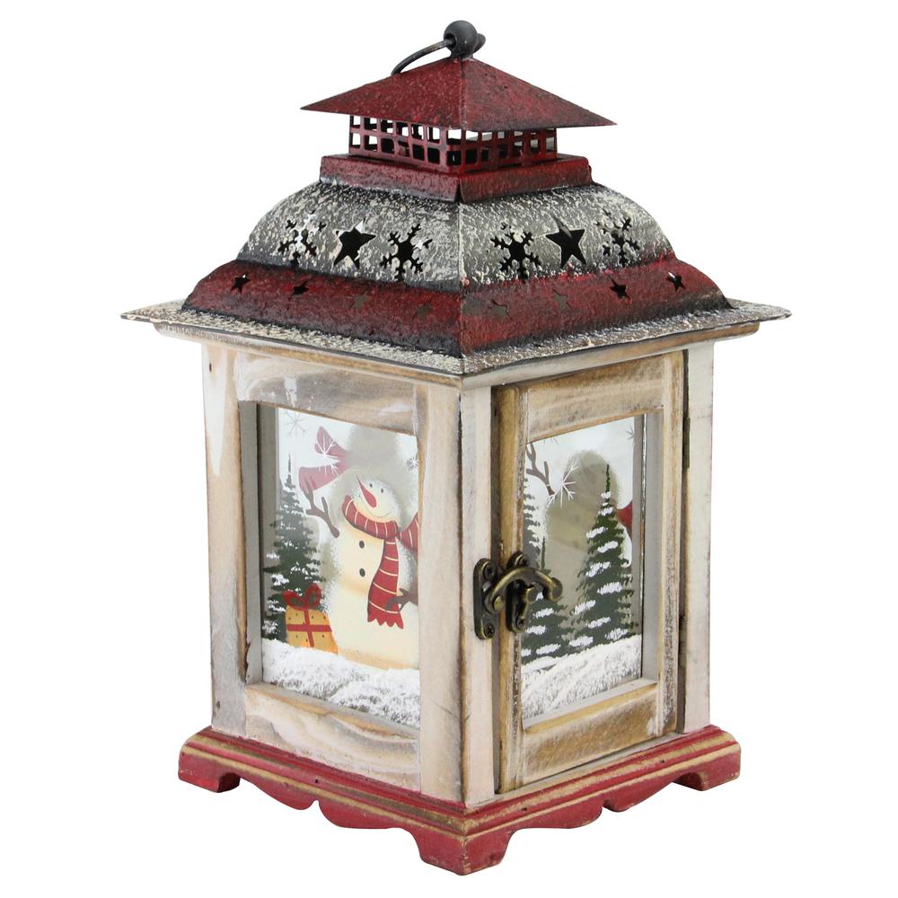 11.75" White and Red Snowman Christmas Candle Lantern. Picture 1
