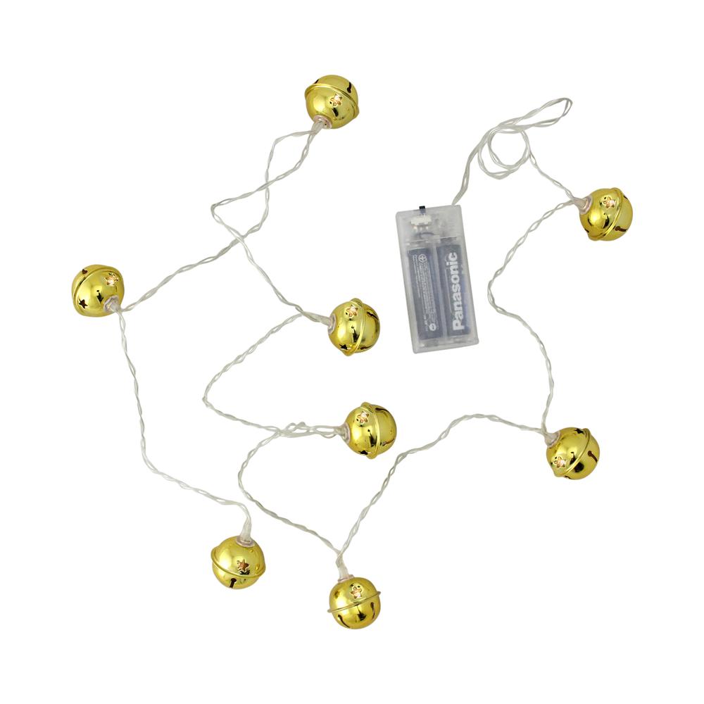8 Battery Operated Gold LED Jingle Bell Christmas Lights - Clear Wire. Picture 1