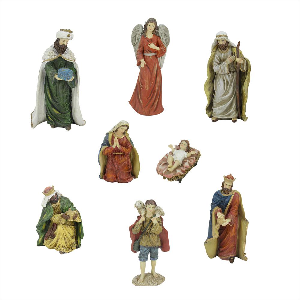 8-Piece Green and Red Jewel Tone Inspirational Religious Christmas Nativity Figurine Set 12.25". Picture 1
