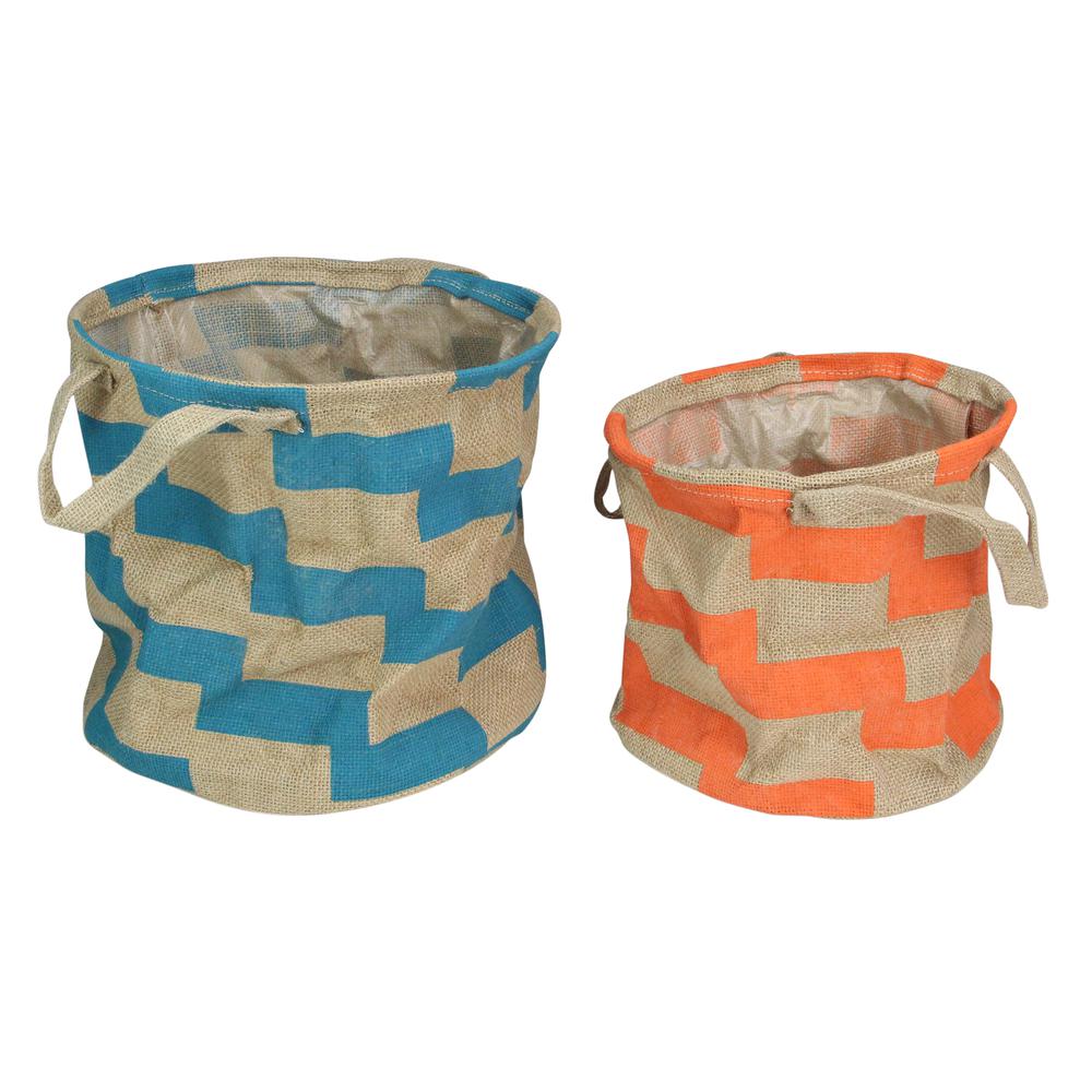 Set of 2 Orange and Teal Burlap Baskets With Handles 12". Picture 1