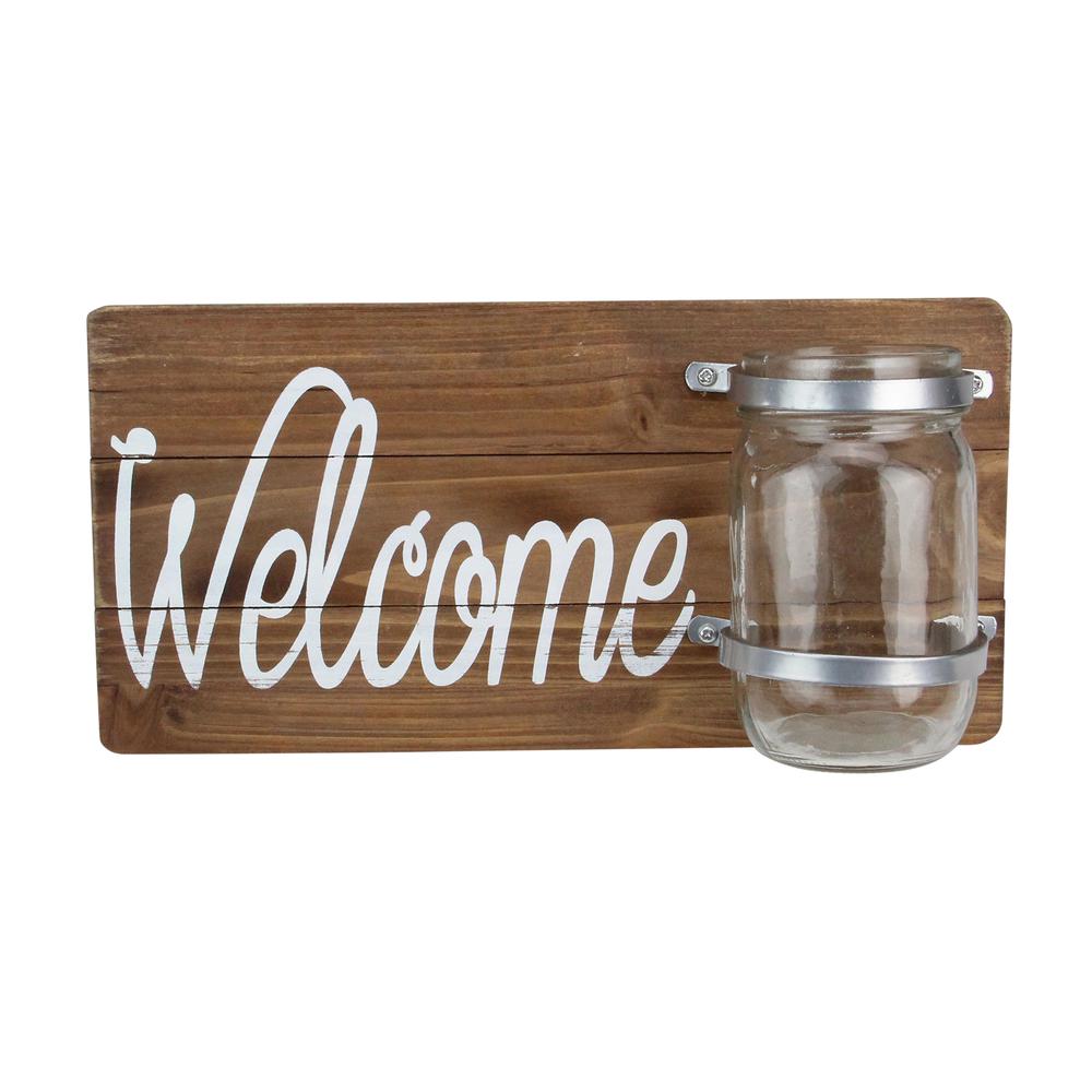 12" White and Brown Hanging Welcome Sign with Mason Jar. Picture 1