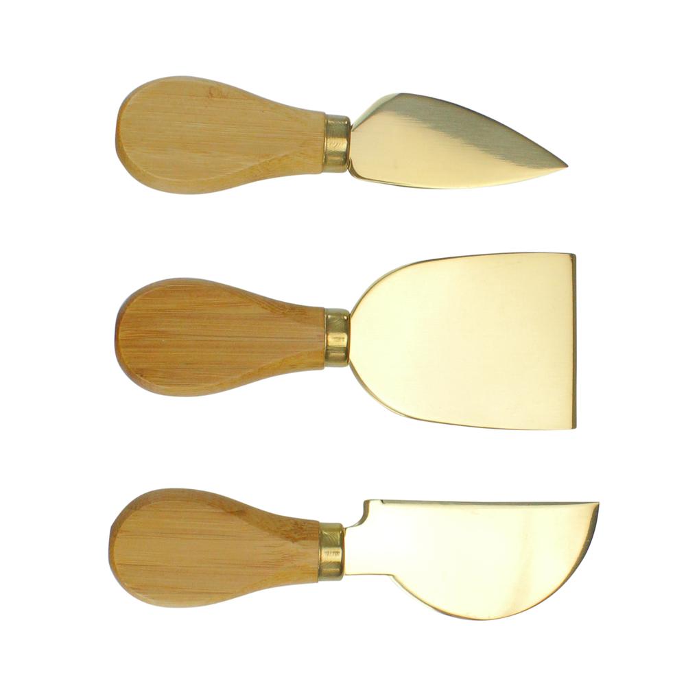 Set of 3 Golden Cheese Knives with Bamboo Handle 5". Picture 1