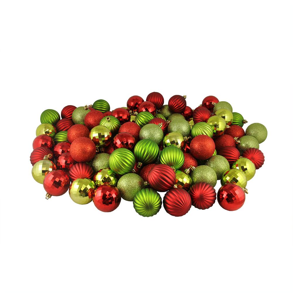 100ct Red and Green Shatterproof 3-Finish Christmas Ball Ornaments 2.5" (60mm). Picture 1