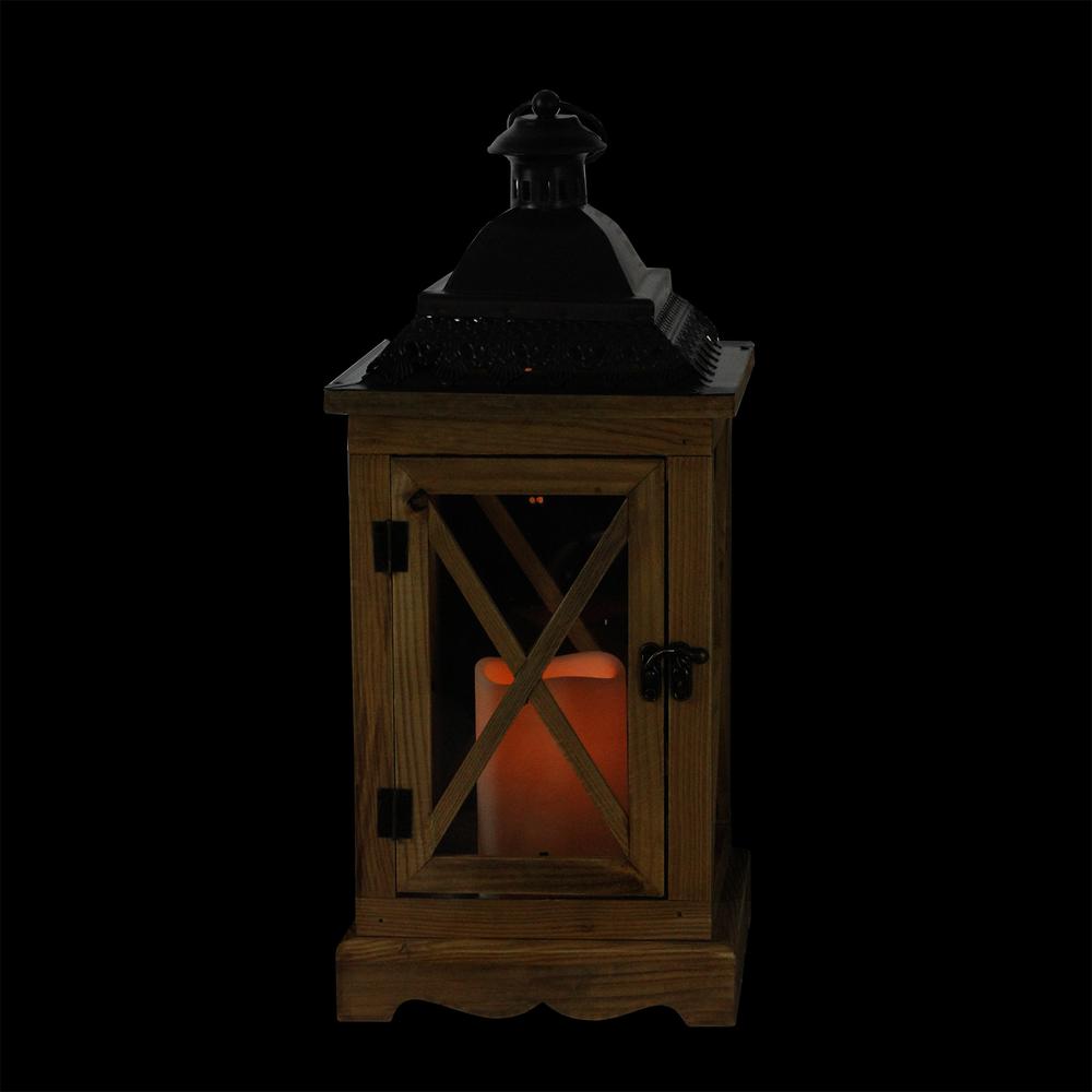 17.5" Rustic Wooden Lantern with Brown Metal Top and LED Flameless Pillar Candle with Timer. Picture 3