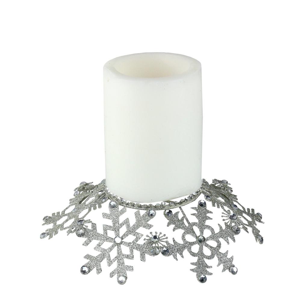 9" Silver Snowflake Glittered and Jeweled Christmas Pillar Candle Holder. Picture 1