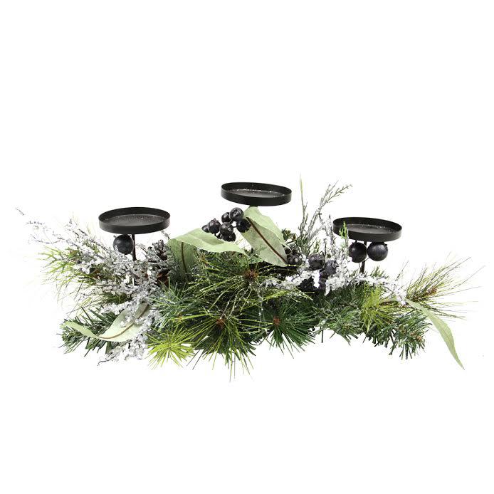 22" Green and Silver Mixed Pine with Blueberries Christmas Candle Holder Centerpiece. Picture 1