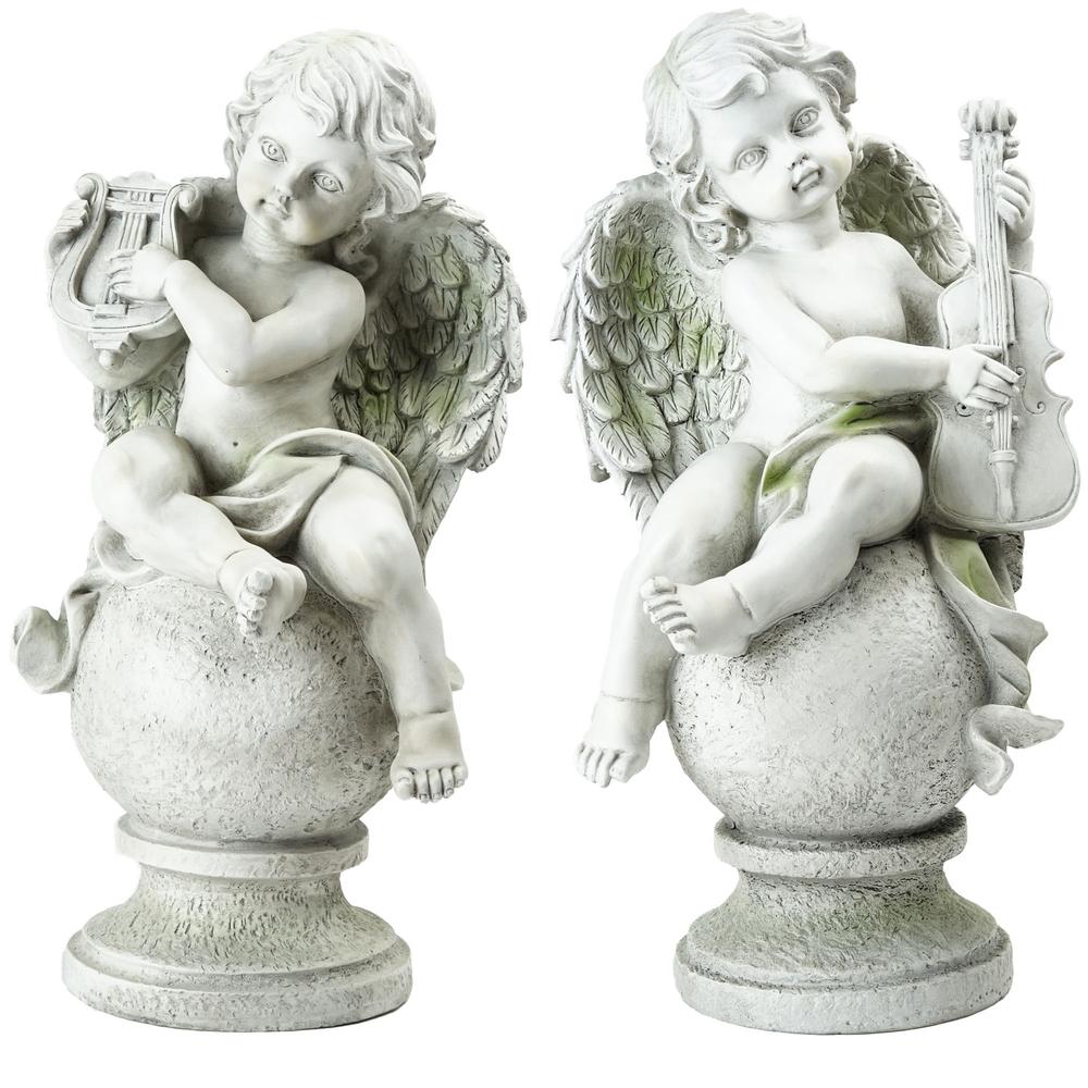 14.75" White Set of 2 Cherub Angels with Instruments Sitting on Finials Outdoor Garden Statues. Picture 1