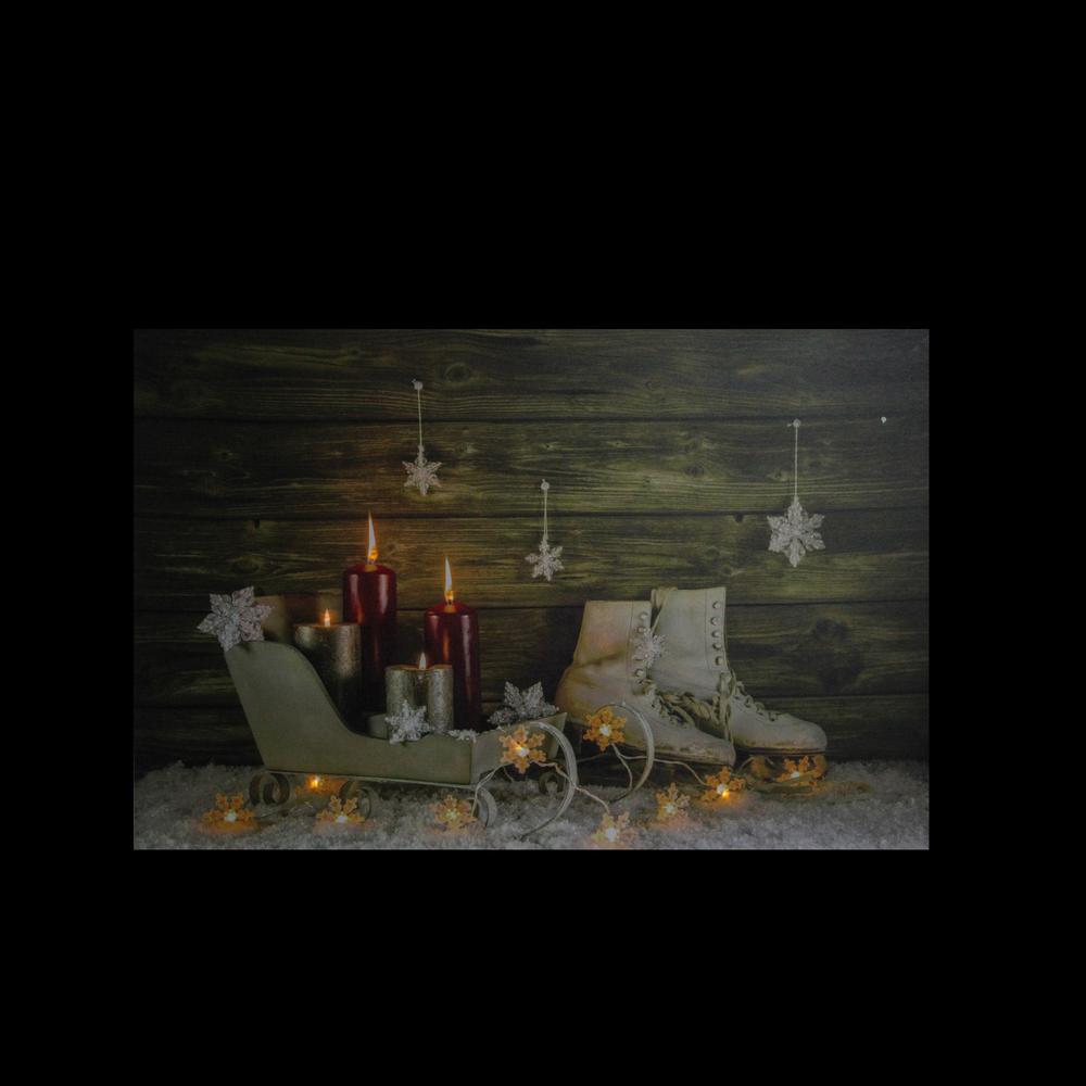 Small LED Lighted Candles  Ice Skates and Sleigh Christmas Canvas Wall Art 12" x 15.75". Picture 2