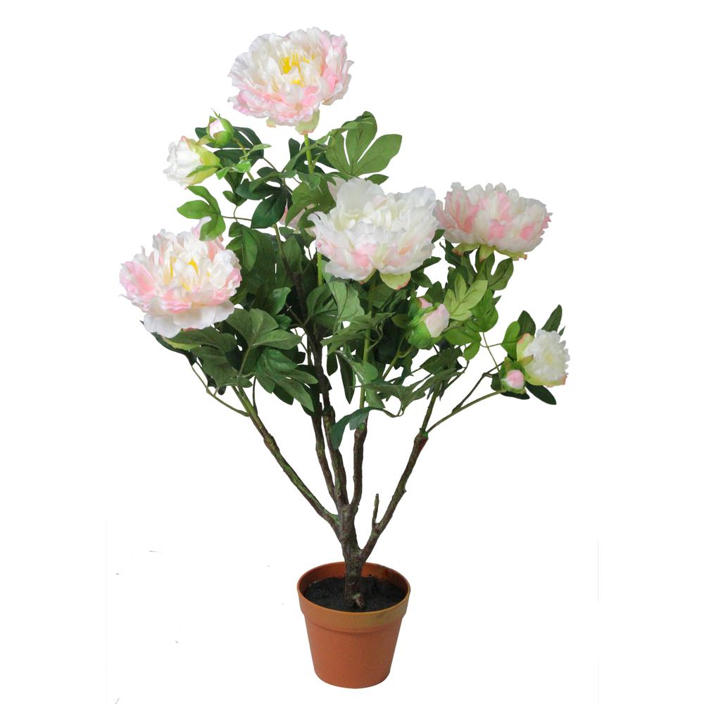 36" Green and Brown Potted Artificial Blooming Peony Flower Plant. Picture 1