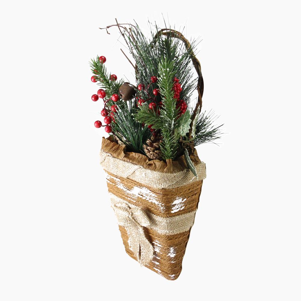 13.5" Brown and Green Frosted Pine Cones Artificial Christmas Basket. Picture 2