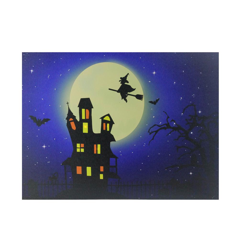 Fiber Optic and LED Lighted Witch in the Moon Halloween Canvas Wall Art 12" x 15.75". Picture 1