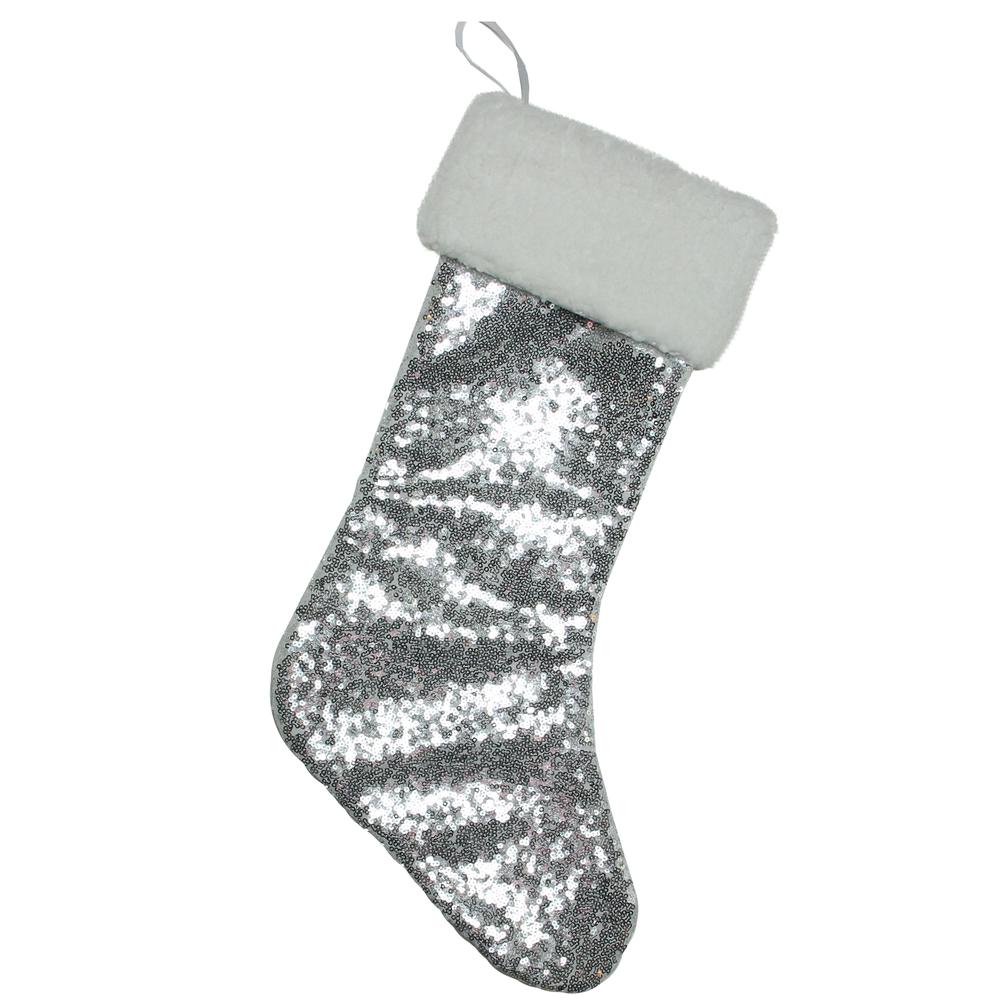 18" Silver Sequins With a White Faux Fur Trim Christmas Stocking. Picture 1