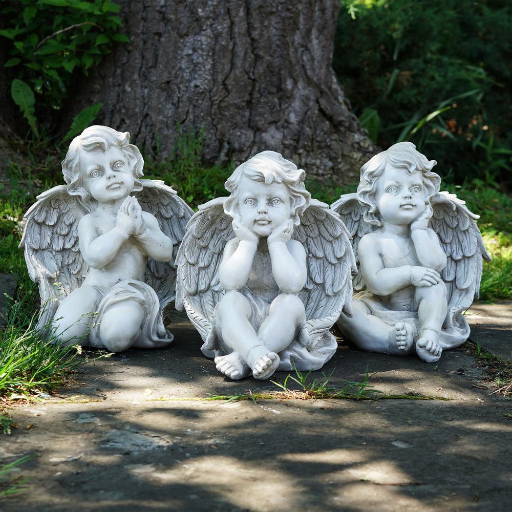Set of 3 Gray Sitting Cherub Angel Outdoor Garden Statues 11". Picture 2