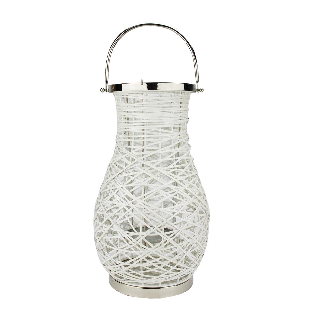 18.5" Modern White Decorative Woven Iron Pillar Candle Lantern with Glass Hurricane. Picture 1