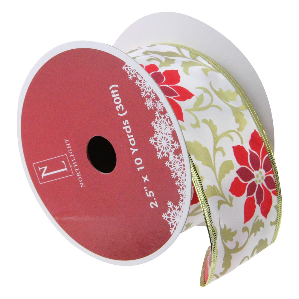 Pack of 12 Red Poinsettia Print Gold Wired Christmas Craft Ribbon Spools - 2.5 x 120 Yards Total. Picture 1