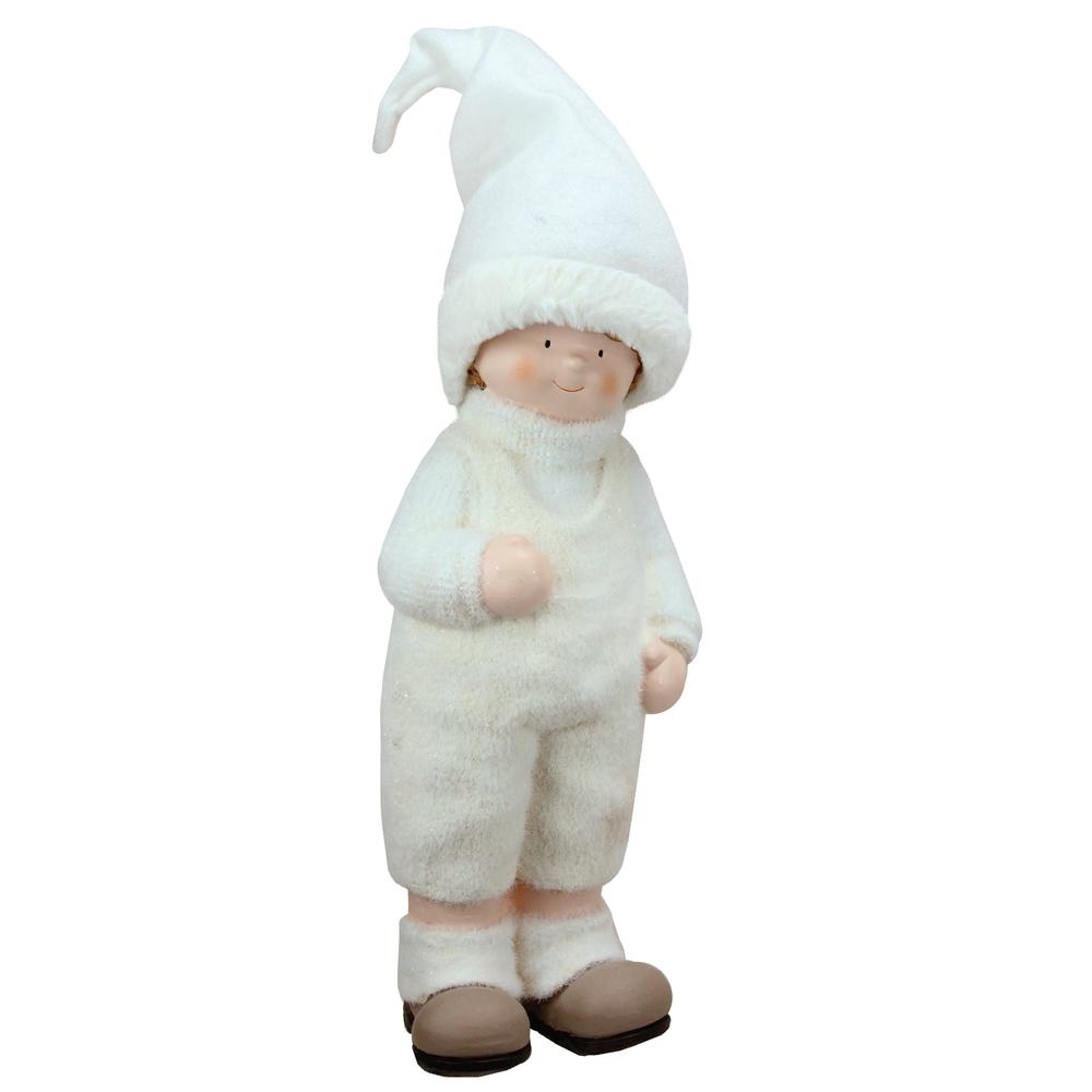 19" White and Beige Winter Boy with Tall Hat Christmas Table Top Figure. Picture 1