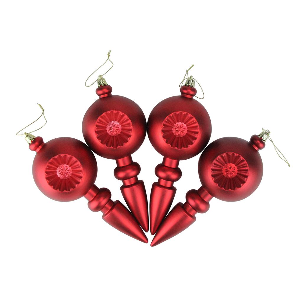4ct Matte Red Hot Retro Reflector Shatterproof Christmas Finial Ornaments 7.5". Picture 2