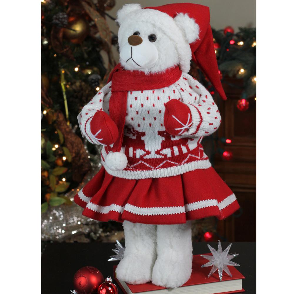 20" White and Red Winter Girl Santa Bear in Deer Sweater Christmas Figure Decoration. Picture 2