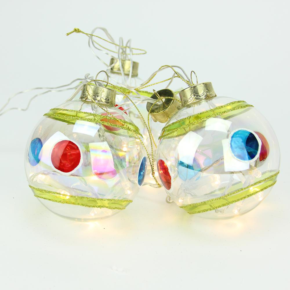 Set of 4 Clear Battery Operated LED Lighted Stripe and Dot lass Christmas Ball Ornaments 3.25" (80mm). Picture 1