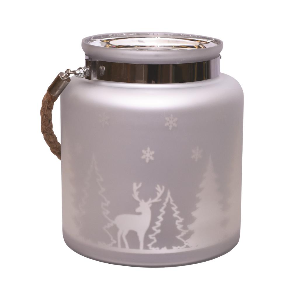 8" Silver Matte Winter Scene Christmas Pillar Candle holder Lantern. Picture 1
