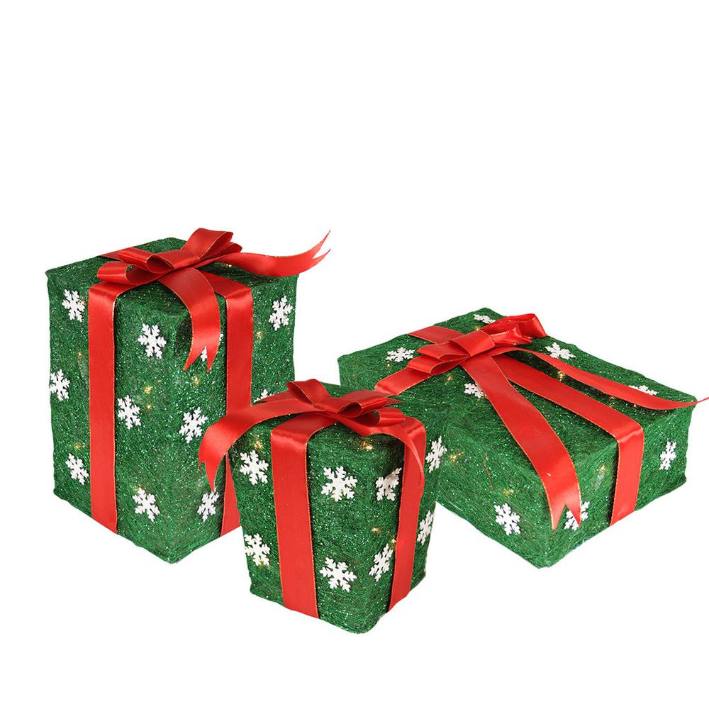 Set of 3 Lighted Green with Red Bows Gift Boxes Outdoor Christmas Decorations 13". Picture 1