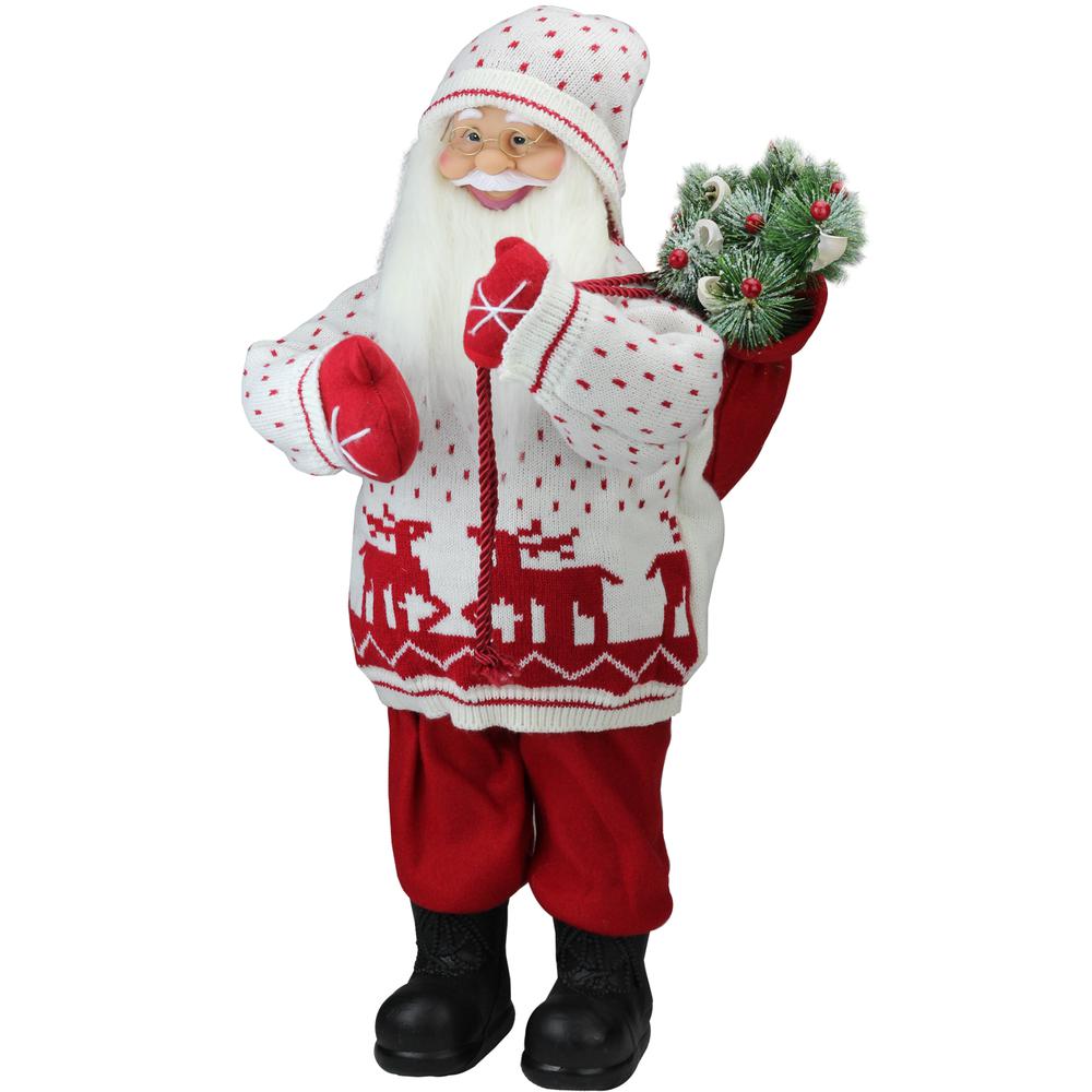 25" White and Red Santa in Knit Deer Sweater with Sack of Pine Figure Decoration. The main picture.