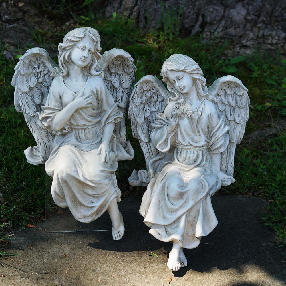 14" Gray Set of 2 Decorative Sitting Angel Outdoor Garden Statues. Picture 2
