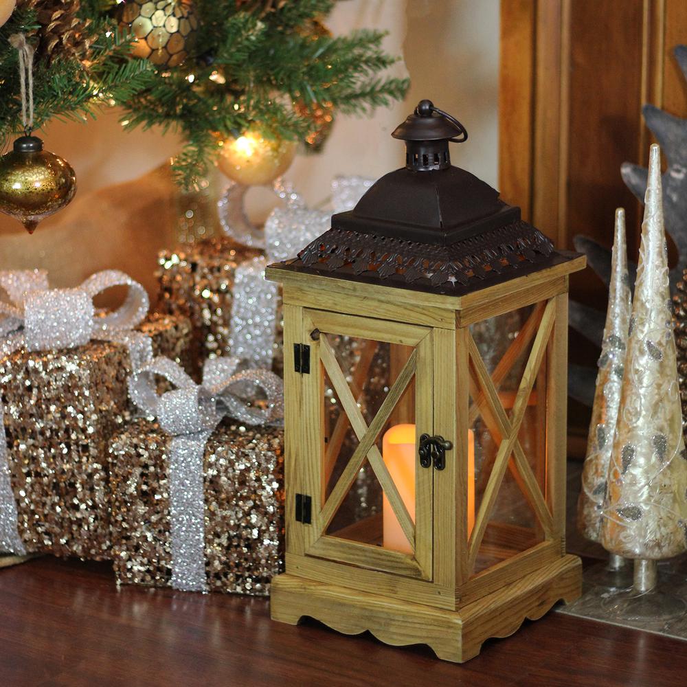 17.5" Rustic Wooden Lantern with Brown Metal Top and LED Flameless Pillar Candle with Timer. Picture 4