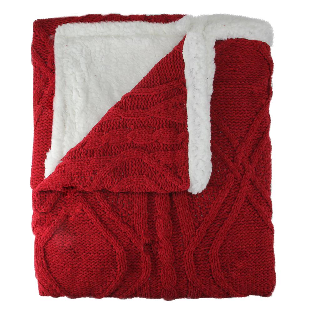 Red and White Cable Knit Plush Sherpa Throw Blanket 50" x 60". Picture 2