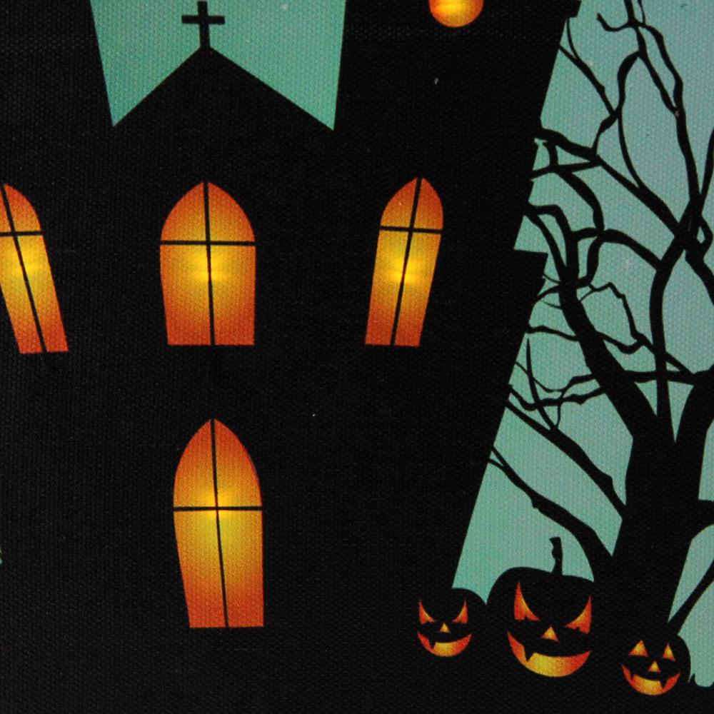 Green and Black LED Lighted Eerie Church in Cemetery Halloween Canvas Wall Art 23.5" x 15.5". Picture 4